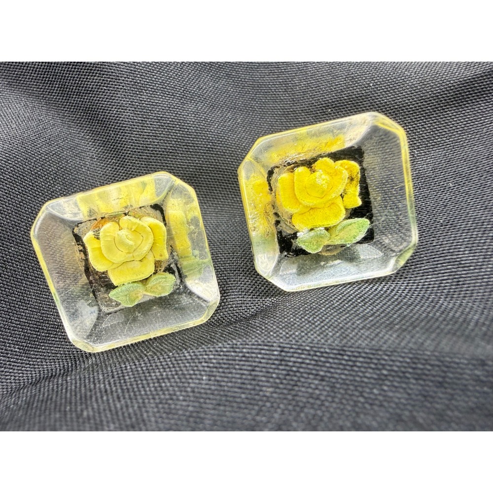 Vintage Yellow Rose Reverse Carved Lucite Square Post Earrings Resin Floral Gift